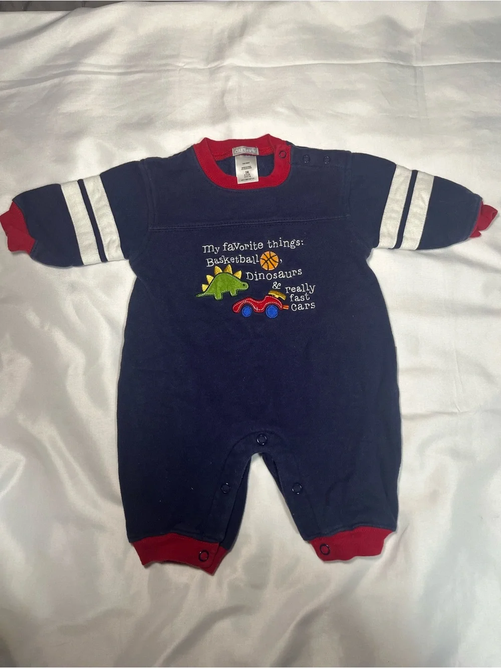 Vintage Carter’s Baby Romper 3M Blue Red Dinosaur Car Basketball Long Sleeve